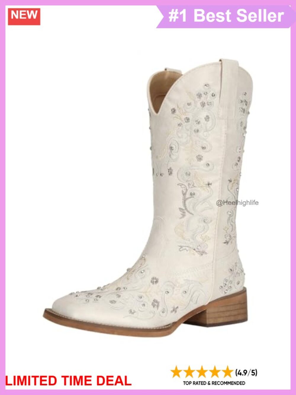 Rhinestone Embroidered Square Toe Mid-Calf Western Cowgirl Boots Faux Leather